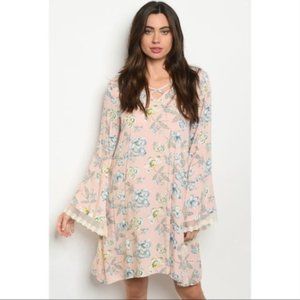 Floral Belle Sleeve Dress With Lace Detail